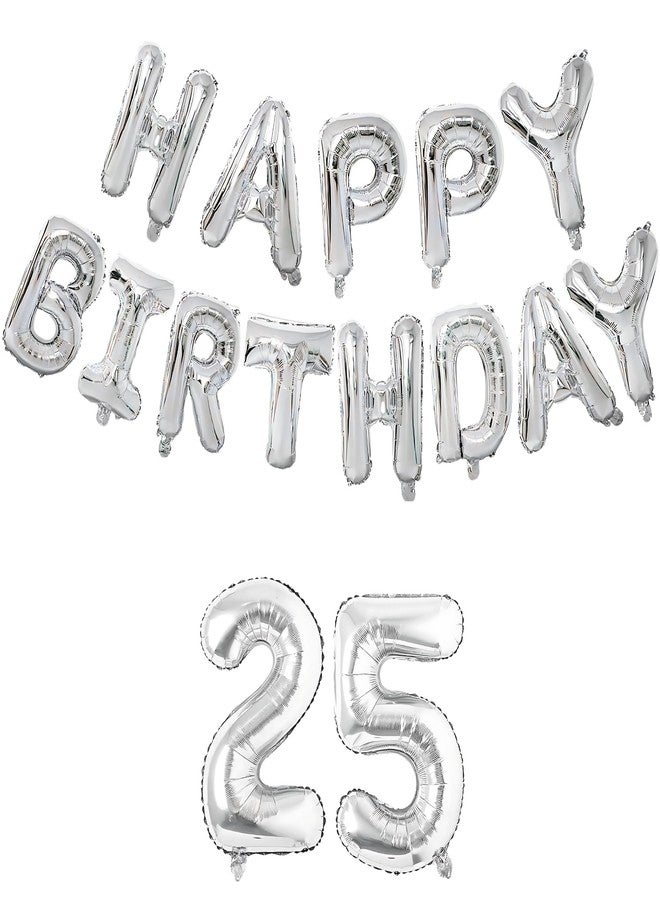 Flyloons 25Th Silver Colour Happy Birthday Foil Balloon Set For 25 Year Old Boys Girls Men Women,With Number Twenty-Five,13 Letters Reusable Happy Birthday Metallic Foil Balloons Decoration Kit,15 Pcs - Image 1